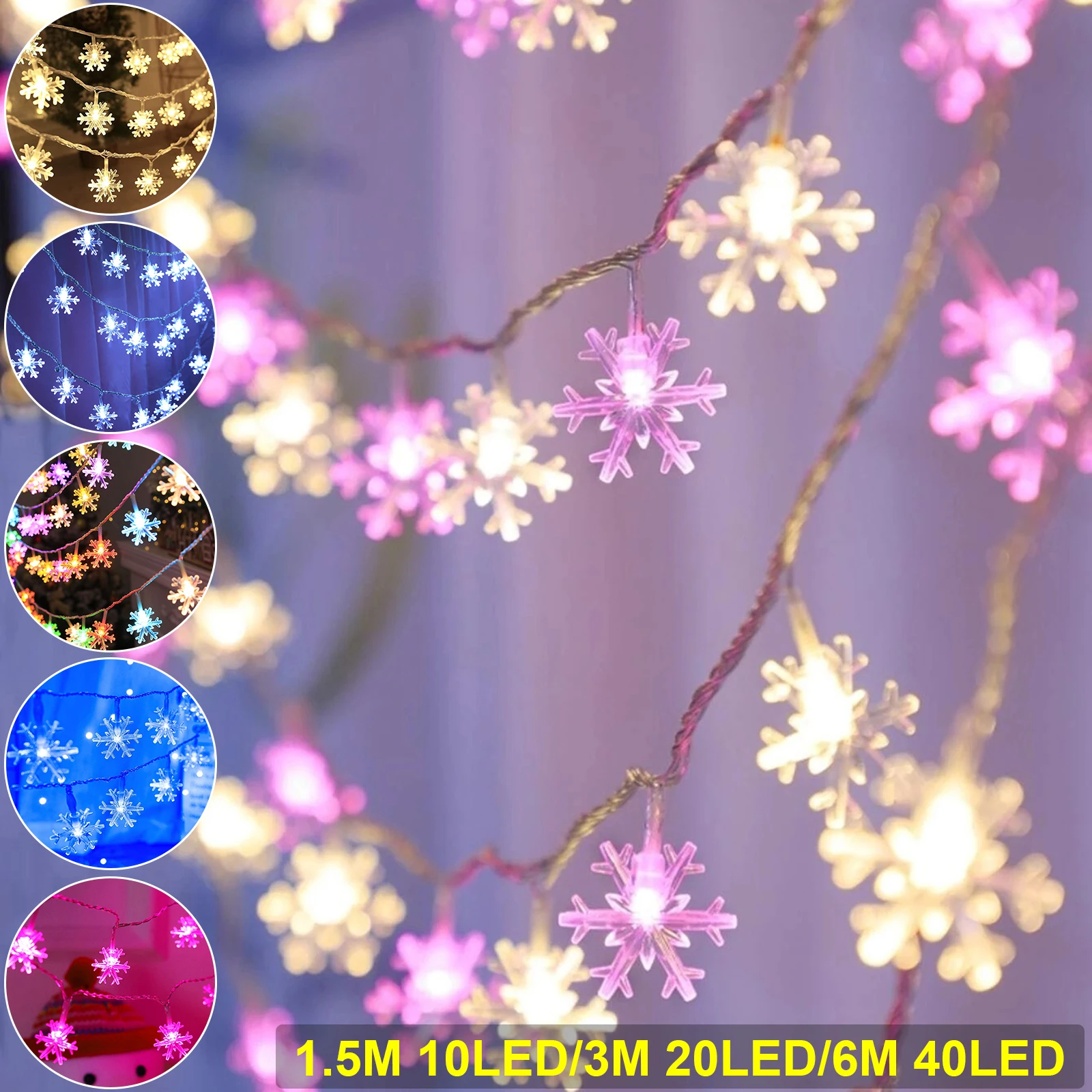 

10/20/40LED Snowflake Fairy String Light Battery Garland Christmas Fairy Light Navidad Xmas Wedding New Year Decoration 1.5/3/6M