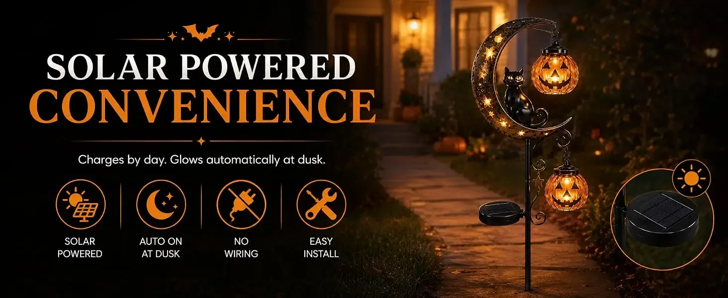 Solar Halloween Black Cat &amp; Pumpkin Moon Garden Stake Light, Outdoor Waterproof LED