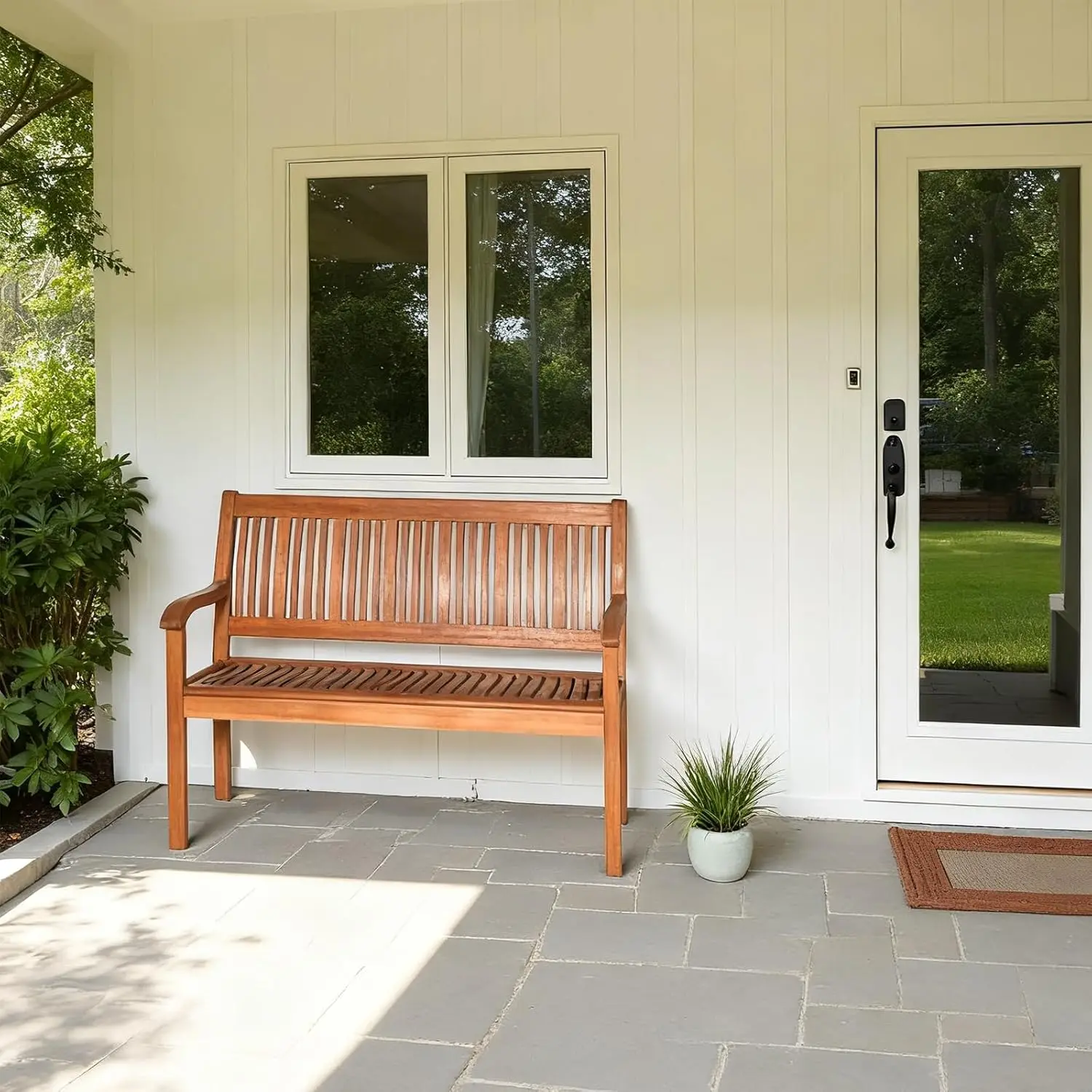 Outdoor Bench for Garden, Park, Porch - Wood, Teak Colored - Curved Armrest & Backrest