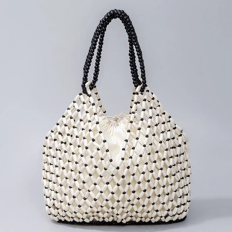 Fashion Handmade Woven Beaded Handbag for Women Exquisite Hollow-out Wooden Beaded Shoulder Bag Female Beach Bag