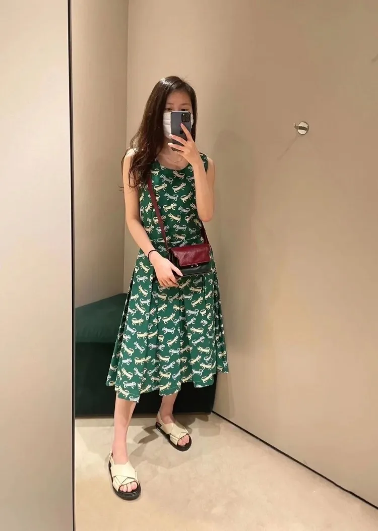 

Dress Women Elegant Luxury High Quality Leisure All Cotton Round Neck Sleeveless Waist Length Women's Dress Animal Patterns