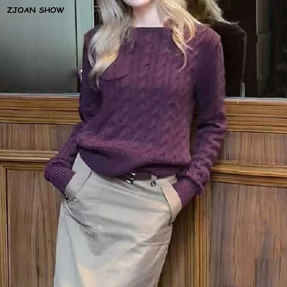 Nueva moda, suéter de punto trenzado con cuello redondo para mujer, jersey de manga larga con un bolsillo, prendas de punto de otoño, color morado, verde militar