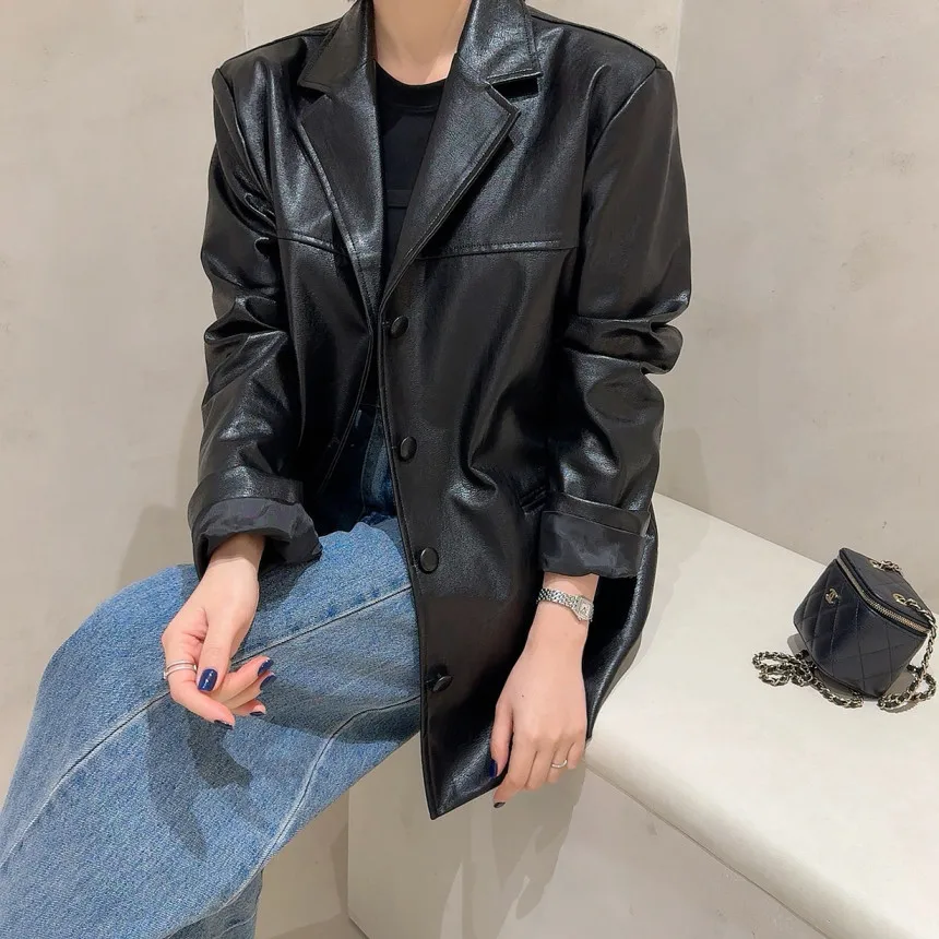 シックな韓国スタイル長袖 Pu レザージャケット女性のカジュアル多用途シングルボタンルーズフィット秋のアウター