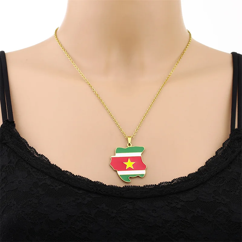 European and American Stainless Steel Map Of The Republic Of Suriname Flag Pendant Necklace