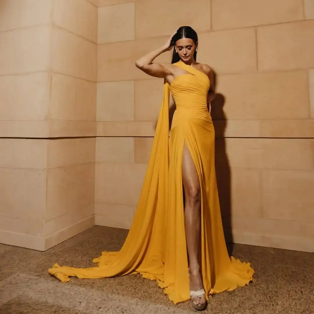 Ofherown Yellow One-Shoulder Ruched High-Slit Cape Evening Gown Women Formal Prom Dress with Train for Party Red Carpet