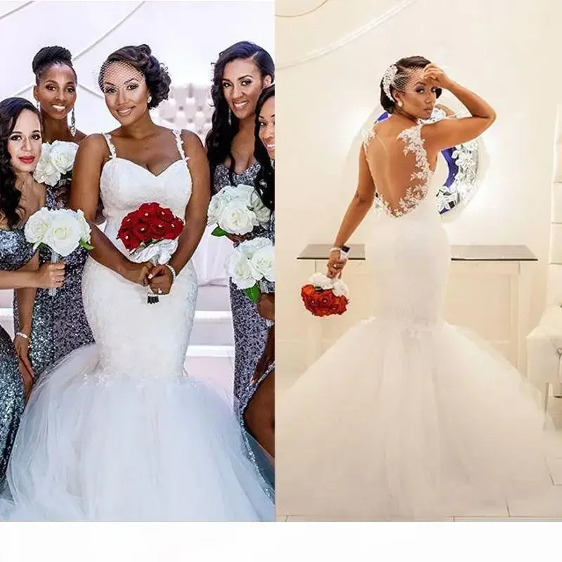 Maßgeschneiderte Meerjungfrau-Brautkleider mit U-Ausschnitt, voller Spitze, appliziert, Kristall, lange Kathedralen-Schleppe, Brautkleider nach Maß