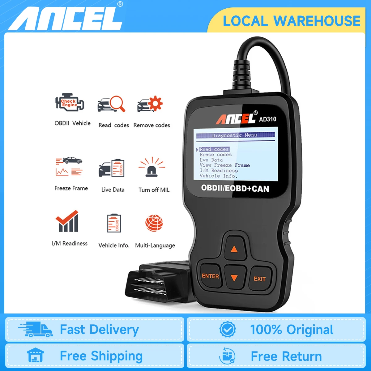 Ancel AD310 OBD2 Scanner Professional Car Code Reader Check Engine OBDII OBD 2 Automotive Scanner Diagnostic Tools pk ELM327