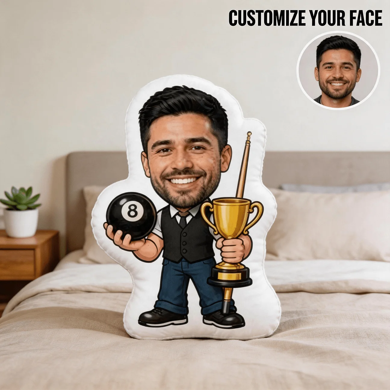 Custom Face Billiard Champion Shaped Pillow, Personalized Photo Decorative Cushion with Trophy And 8 Ball Design, 60CM Large Siz