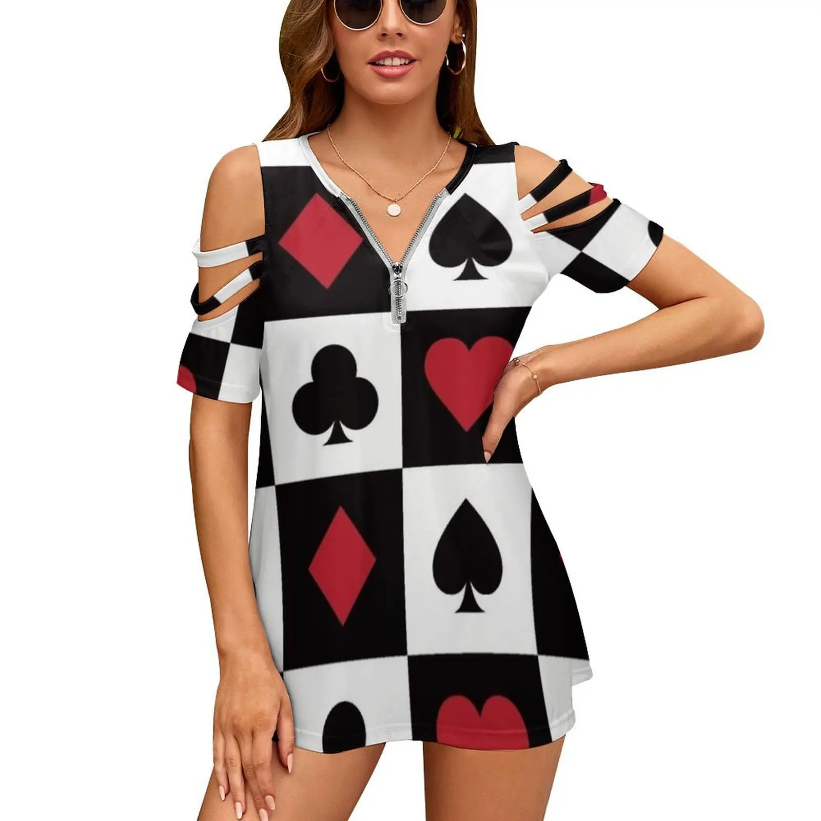 Card Pattern-Red Queen New Fashion Zip Off Shoulder Top Short-Sleeve Women Shirt Play Player Hearts Diamonds Clubs Spades