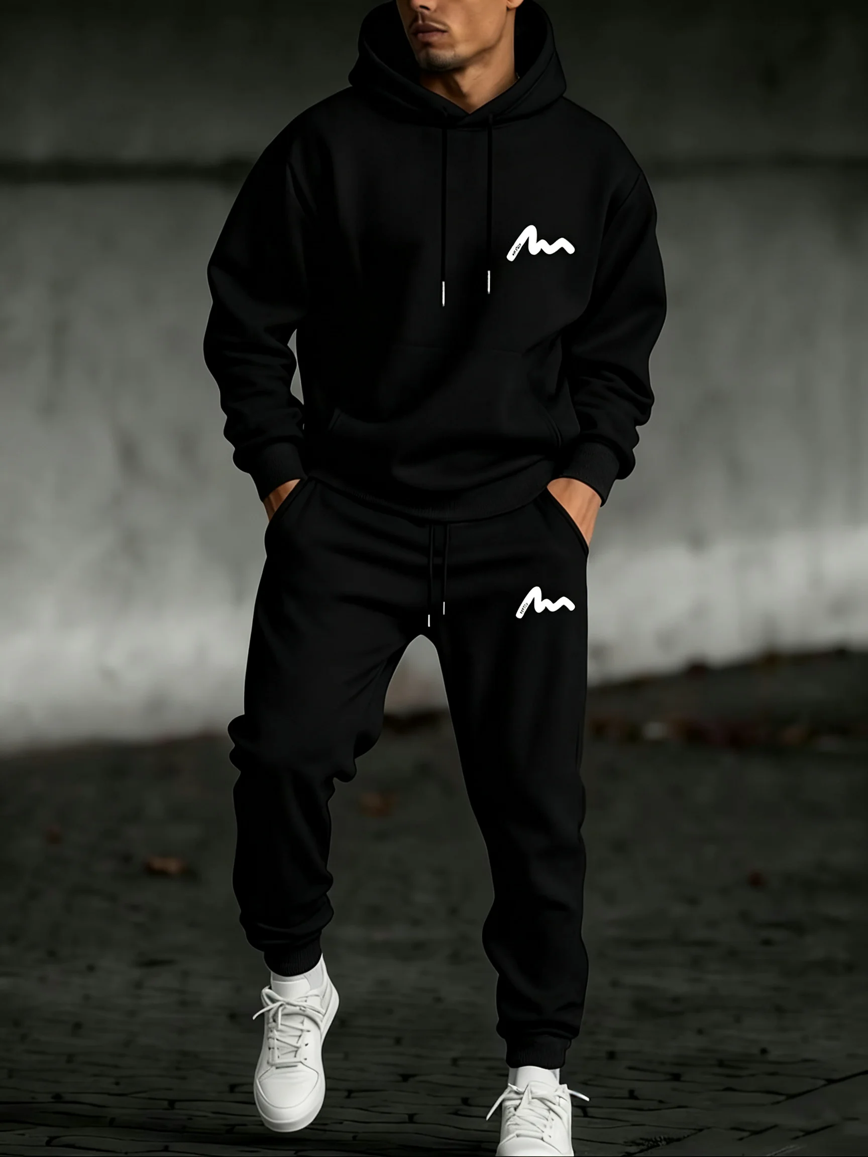 Men Minimalist Mountain Logo Print Hoodie Tracksuit 2 Piece Set Casual Hooded Pullover Jogger Pants Sportswear Suit