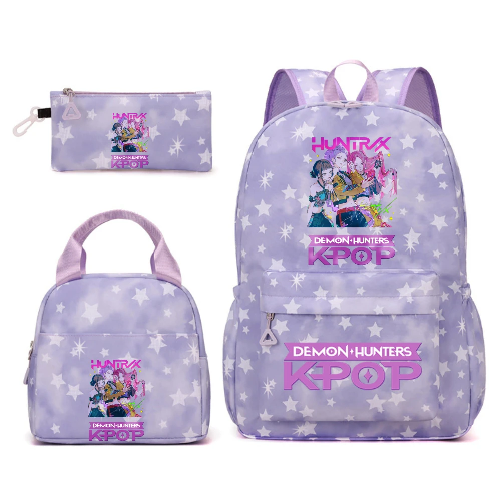 KPop Demon Hunters figura de Anime mochila impermeable de gran capacidad 3 uds mochila bolsa de almuerzo bolsa de lápices regalo para niños