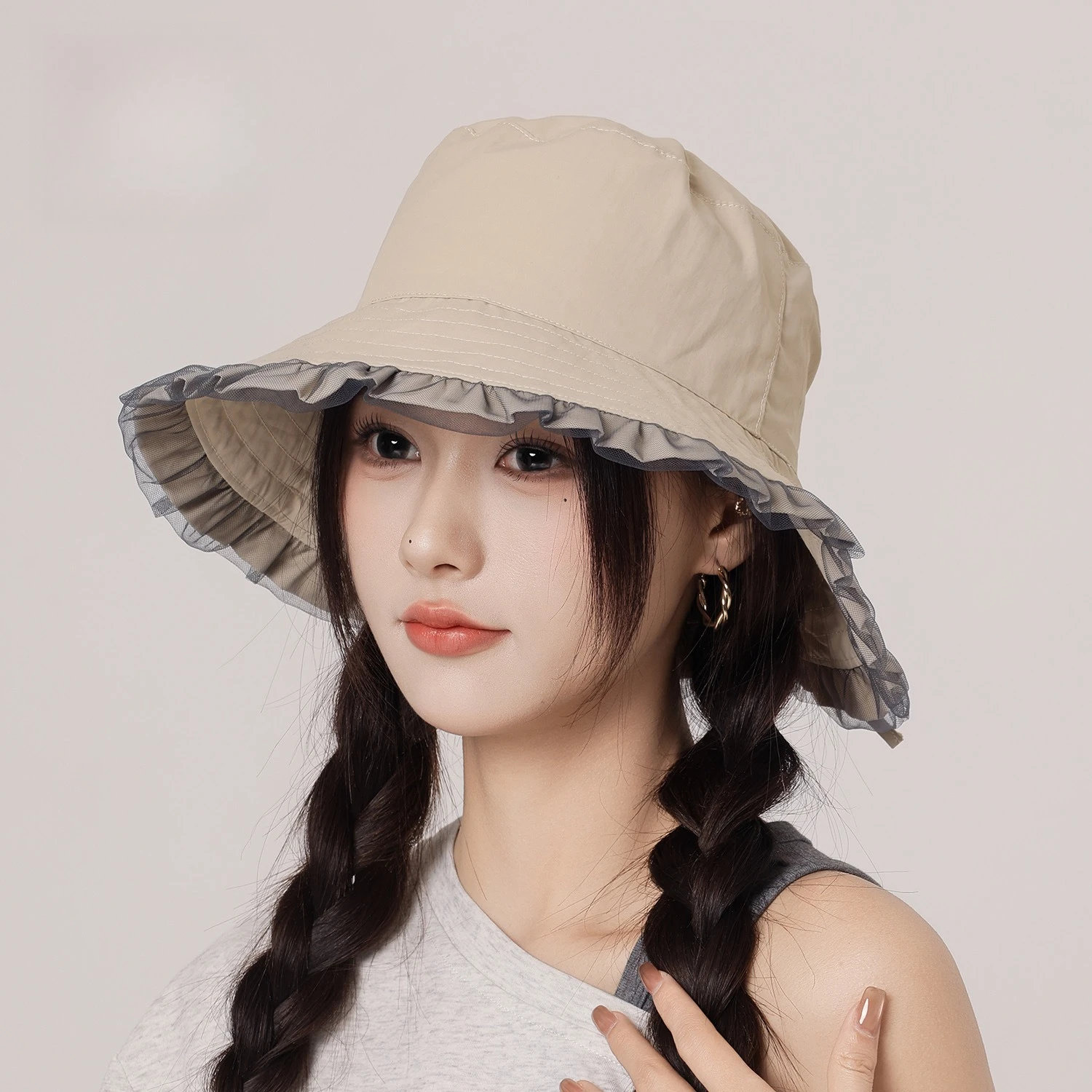 Women Ruffle Bucket Hat 2026 New UPF50+ Adjustable Foldable Wide Brim Sun Hat Cute Sweet Face Slimming Fisherman Cap