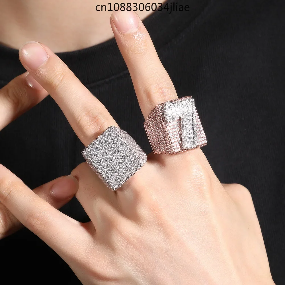 Personalized hip-hop three-dimensional geometric large square ring copper inlaid zircon trendy cool exaggerated domineering ring