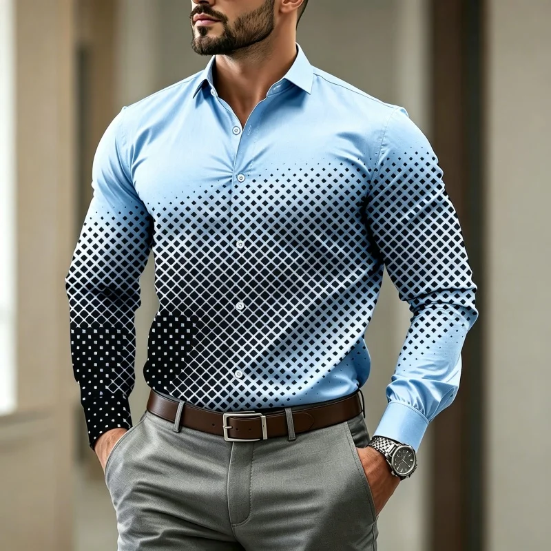 

High quality men's shirt gradient checkered shirt contrasting diamond print men's shirt business casual trendy men's clothing