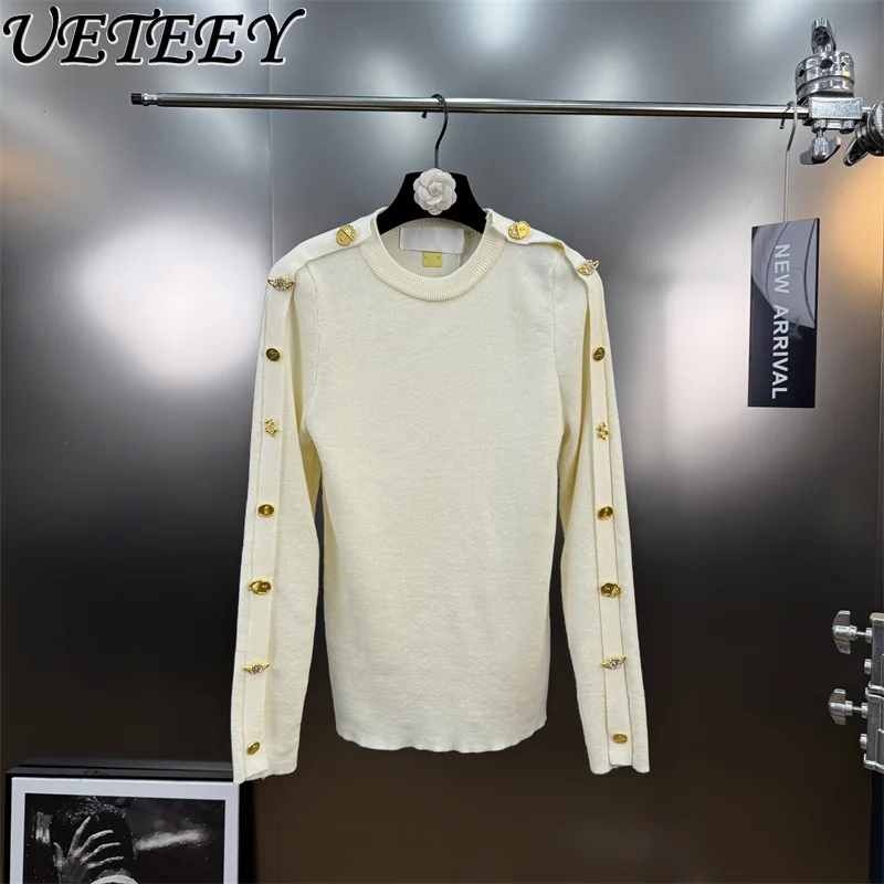 

Осенний модный повседневный универсальный однотонный вязаный свитер во французском стиле с круглым вырезом и металлическими пуговицами, пуловер с длинными рукавами