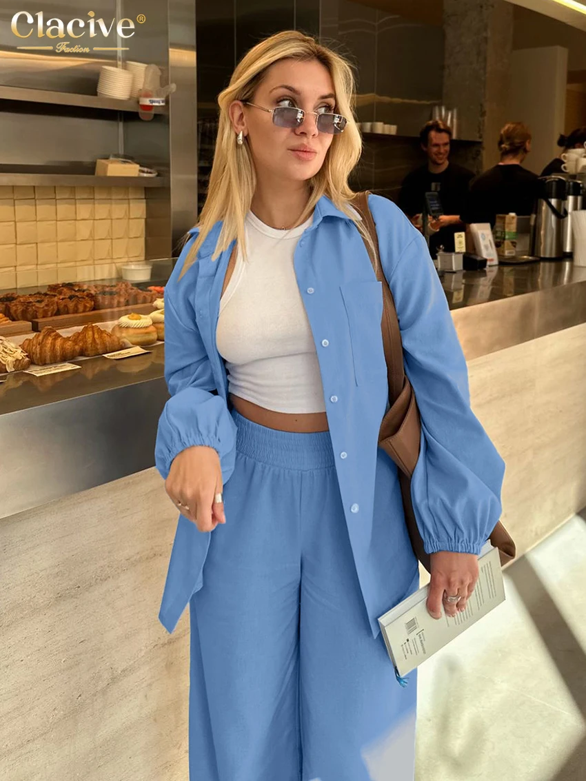 Clacive Fashion Loose Blue Cotton Trousers Sets For Women 2 Pieces 2025 Elegant Long Sleeve Shirt With High Waist Wide Pants Set