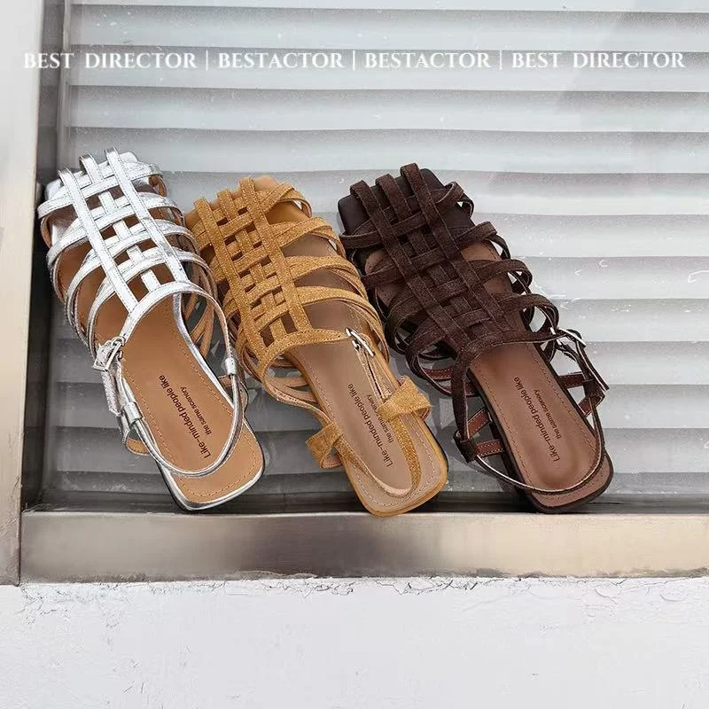 2026 new summer women sandals natural leather 22-25cm cowhide/kid suede+sheepskin+pigskin ankle buckle cross-strap women shoes