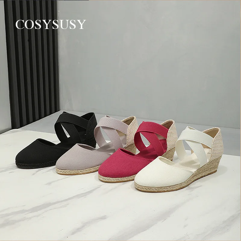 

Wedge hemp rope sandals women's European and American style cross single shoes breathable toe wrapped wedges