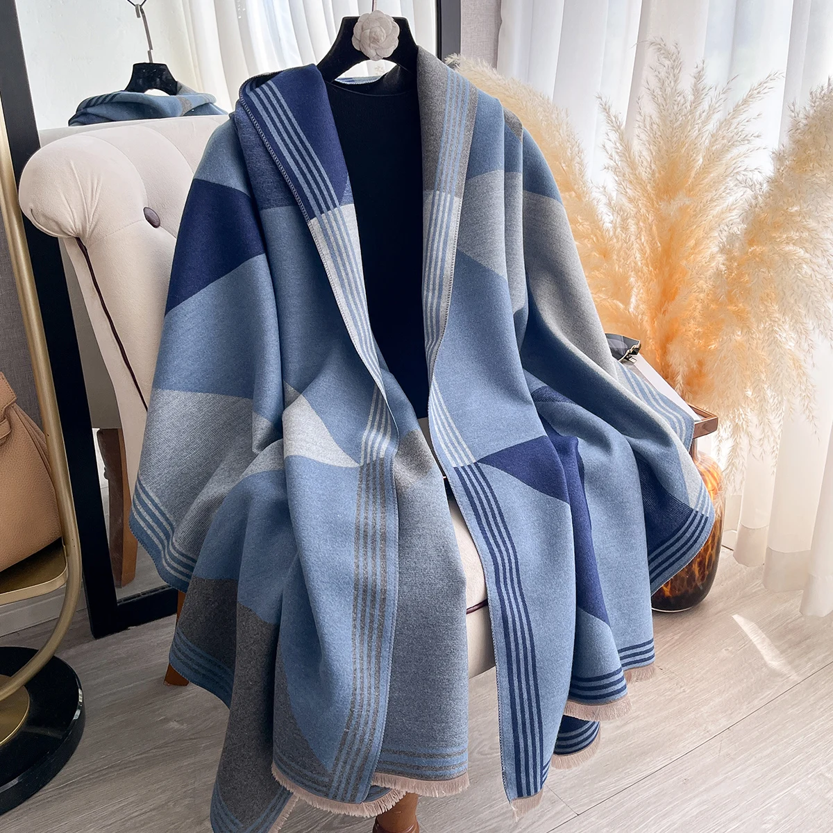 

Brand Winter Blanket Scarf Shawl for Women Warm Pashmina Geometric Color blocks Print Wrap Imitation Cashmere Foulard Scraves