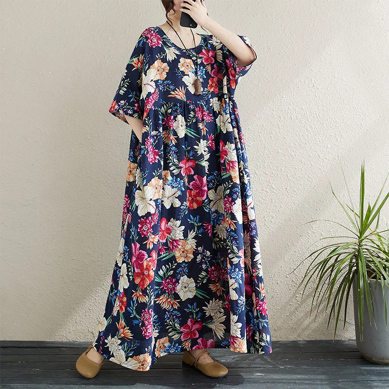 

Johnature 2024 Simple Bohemian Dresses For Women Summer New O-neck Short Sleeve Floral Print Loose Navy Female Pockets Dresses