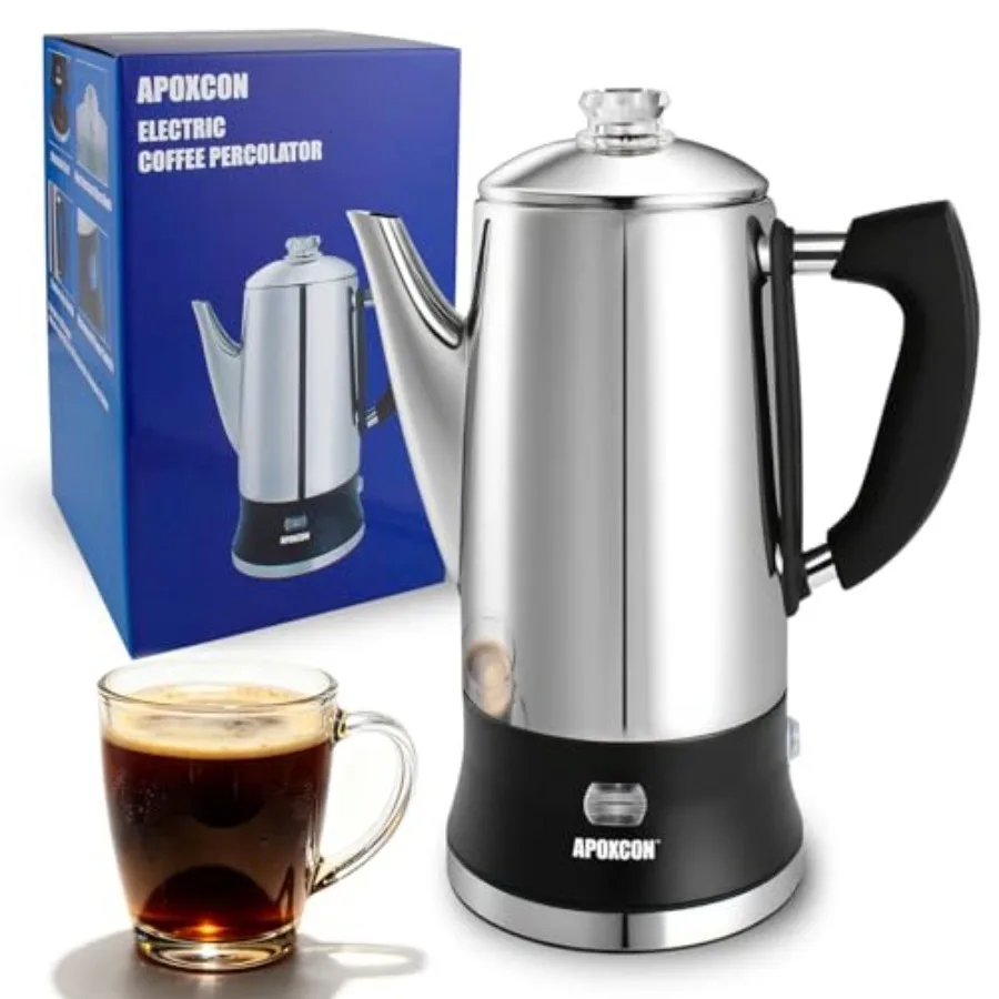 

Electric Coffee Percolator for Home Use, Stainless Steel with Clear Brew Progress Window, Classic Black Color, Tough Glass Knob