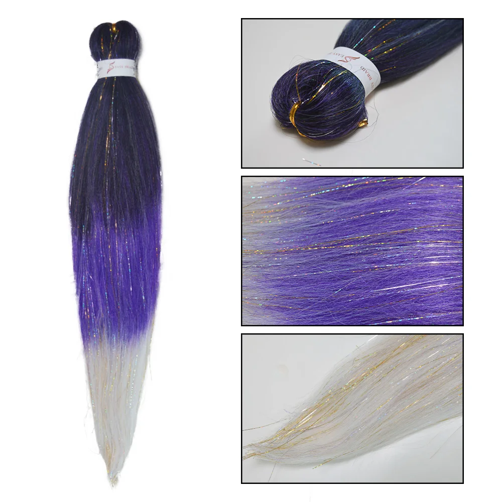 Extensions de cheveux rave pour filles, Tresses droites ombrées, Tinsel de cheveux mélangés, Tresses de jour, Violet et blanc, 3 tons