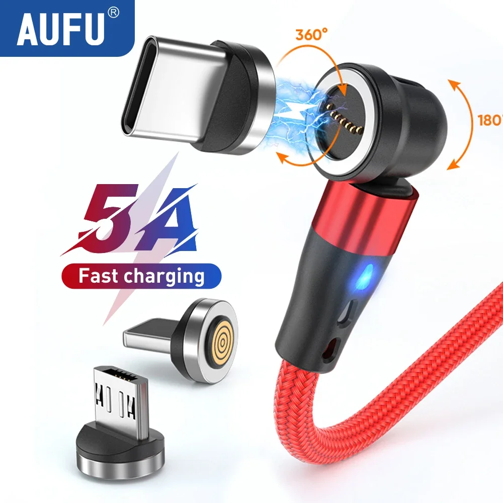 AUFU 540 Rotate Magnetic Cable 5A Fast Charging Type C Cable For iPhone Xiaomi Realme Micro USB Magnet Charger Phone Data Cord