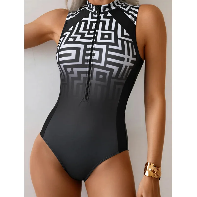 

Women's Geometric Print One Piece Swimsuit High Neck Zipper Slim Fit Athletic Swimwear for Training & Beach