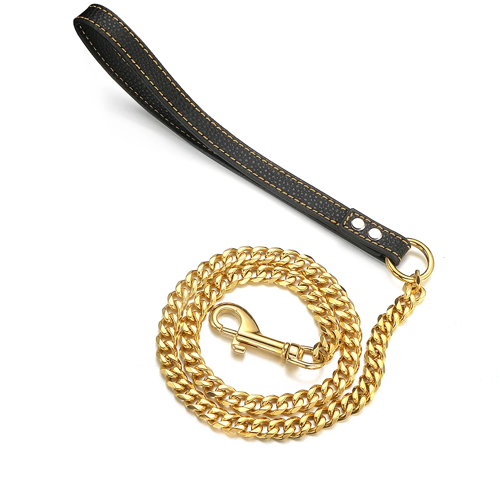 

3FT/4FT/5FT Gold Tone 316L Stainless Steel Curb Cuban Link Chain Dog Leash with Leather Handle for Small Medium Large Dogs