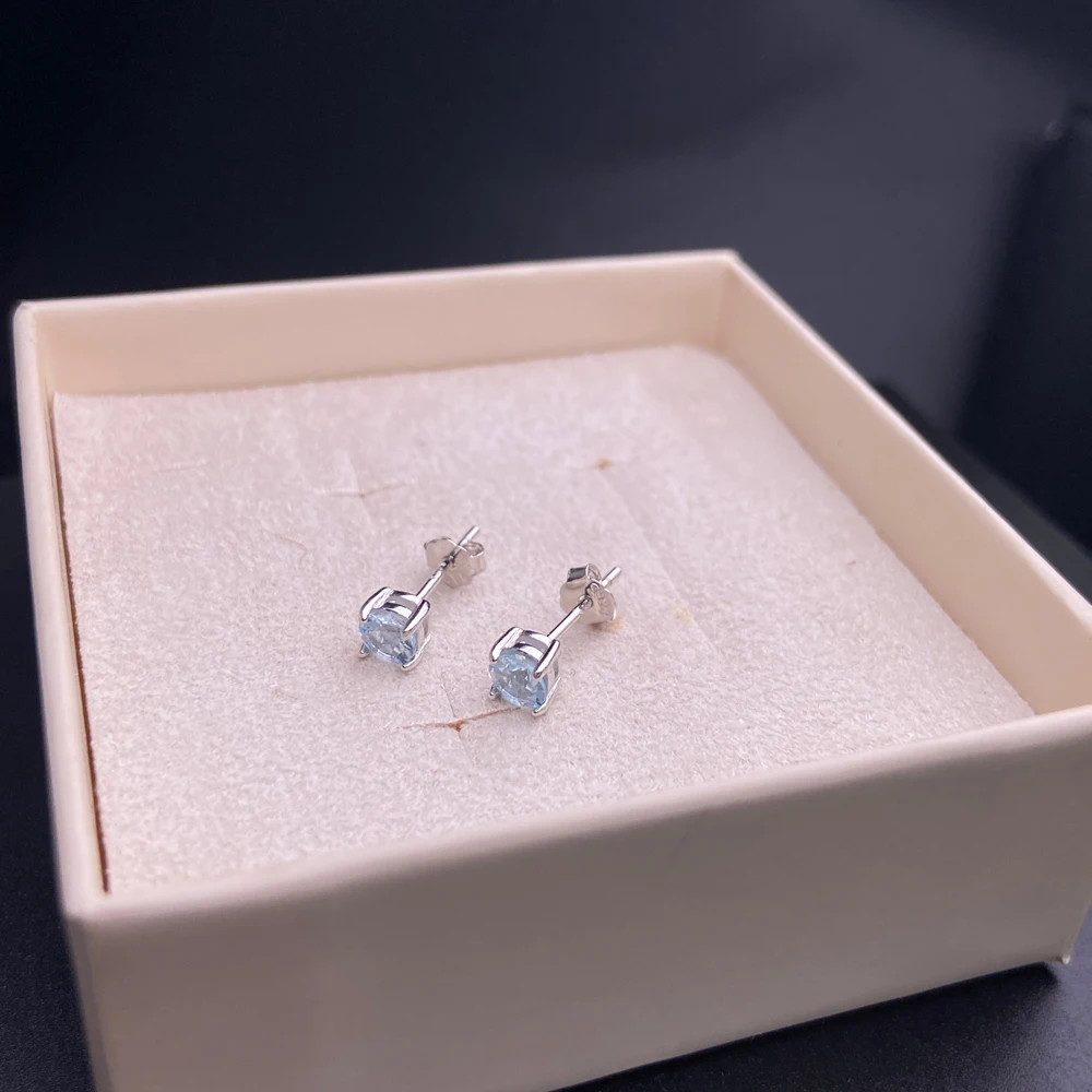 Simple Natural Aquamarine Stud Earrings 925 Sterling Silver Gemstone 4MM Fine Jewelry for Women Engagment Birthday Party Gift