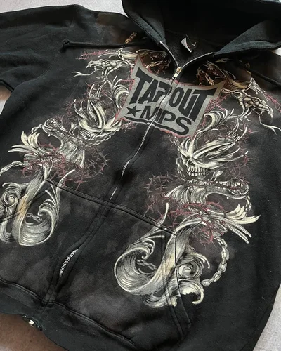 Y2K nuevo Tapout cremallera Sudadera con capucha calle Vintage gótico cráneo impreso Sportshirt hombres Hip Hop Harajuku moda Casual ropa informal suelta