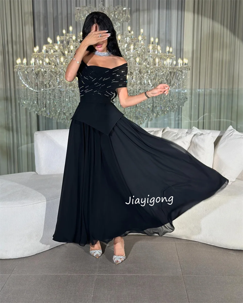 Gaun Panjang Off-the-shoulder A-line Berpayet Jersey Indah yang Disesuaikan dengan Acara Dipesan Lebih Dahulu Kualitas Tinggi