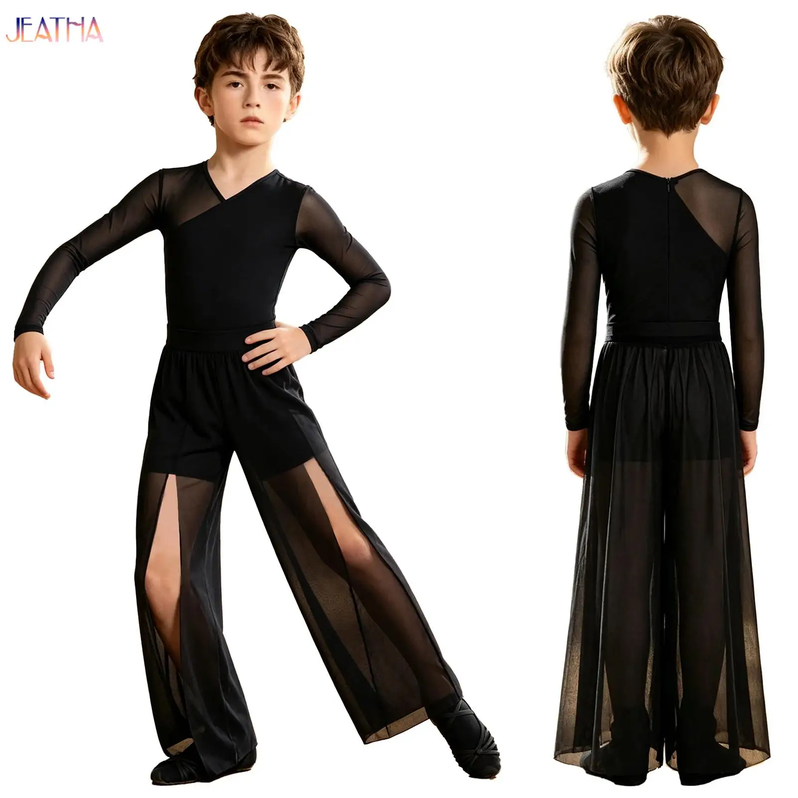 

Kids Modern Contemporary Dancewear Boys Lyrical Dance Costume V-neck Bodysuit with Split Mesh Pants Gymnastics Ballet Outfits