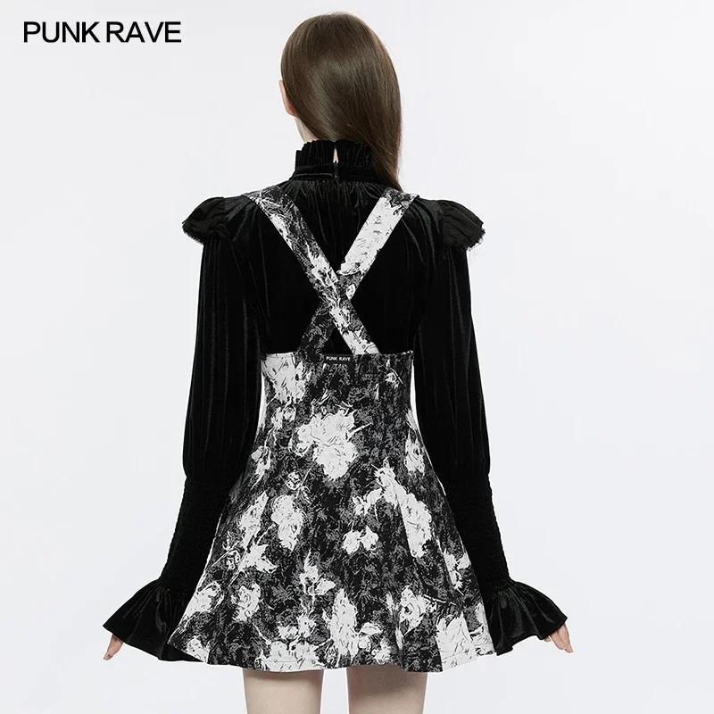 PUNK RAVE Women\'s Jacquard Dark Rose Sun Swing Version Dress Daily Sweet Princess Thread Split Waist Retraction Dresses