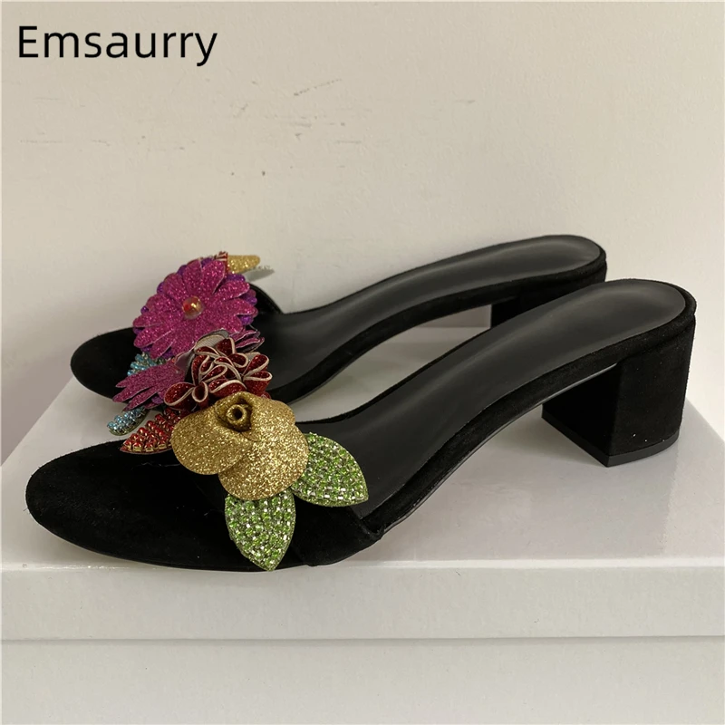 Bling Sequins Colorful Flower Sandals For Girls Luxury Suede Open Toe Slingbacks Crystal Rhinestone Mules Summer