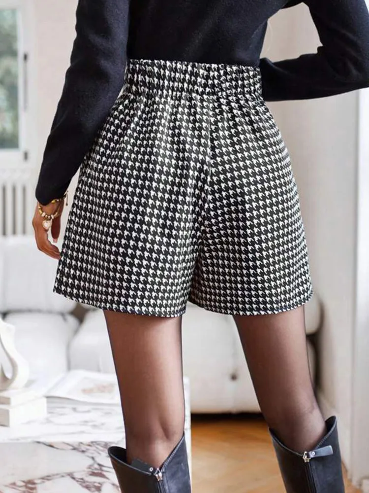 New Fashion Casual Women's  Summer A-line Pants Women's Wide Leg  High Waist Shorts With Plaid Print Pleated Detail Shorts