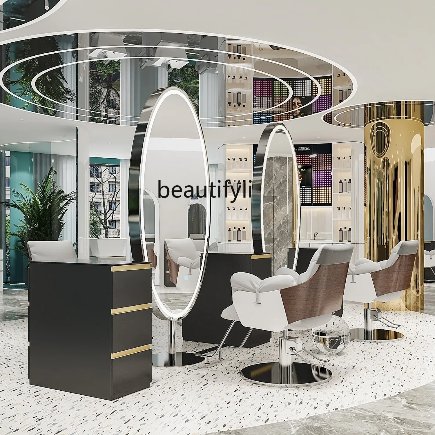 Yy Barber Shop مرآة طاولة أرضية من الفولاذ المقاوم للصدأ مرآة للجسم بالكامل، مرآة خاصة للشعر على الوجهين مع ضوء LED