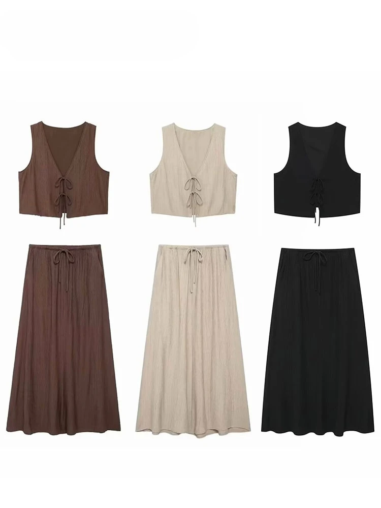 أزياء المرأة خمر الصلبة تنورة دعوى القوس الدانتيل متابعة تانك القمم الخامس الرقبة كست الرباط ميدي التنانير عارضة شارع العليا مجموعات