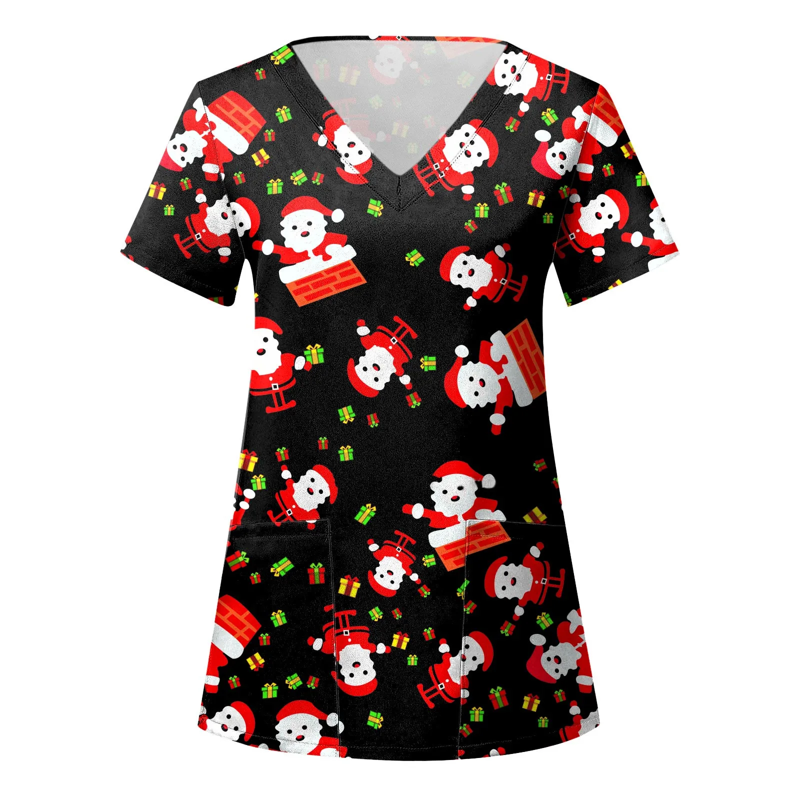 Uniforme de enfermera de Navidad para mujer, Top con estampado de Papá Noel, camisas de manga corta con bolsillos, ropa de trabajo para el cuidado de la salud