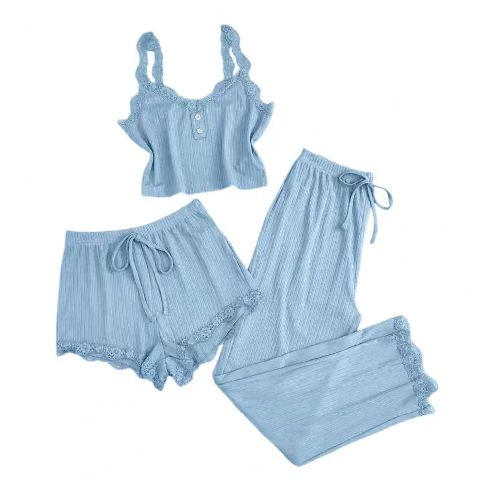 

Комплект пижамы из трех предметов: женский домашний комплект, трикотажный комплект пижамы в рубчик, комплект из 3 предметов с кружевной отделкой, мягкий и комфортный топ-камисолька