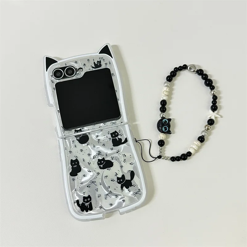 Preto orelhas de gato caso de telefone para samsung galaxy z flip 7 6 5 4 capa protetora traseira para zflip5 zflip6 zflip7 caso escudo