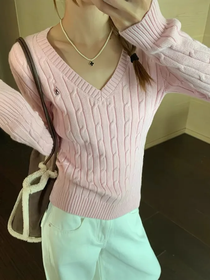 

Pink V-Ne Long Sve Knitted Sweater Women's Slim Fit Waist-Cinching Base irt ort Top for Autumn Winter Commute Sle