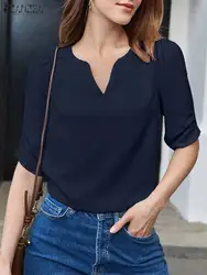 ZANZEA 2024 Women Blouse Fashion V-Neck Puff Short Sleeve Blusas Summer Elegant Solid Shirt Casual Female Office Tops Tunics