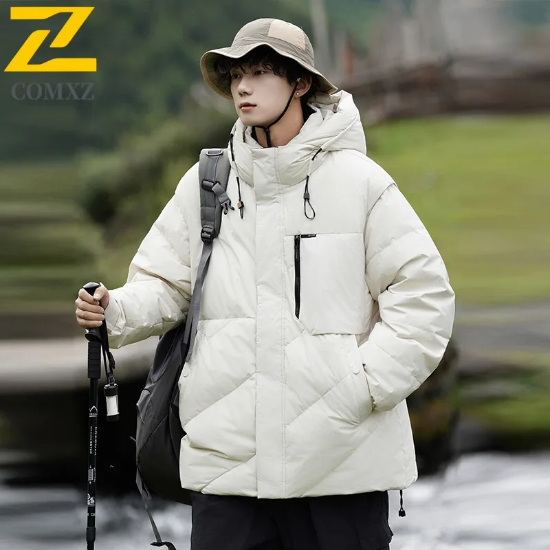 COMXZ Premium Men Down Jacket Casual Hooded Outdoor Adventure Warm Parka Solid Color Travel Windproof Lightweight Winter Coat