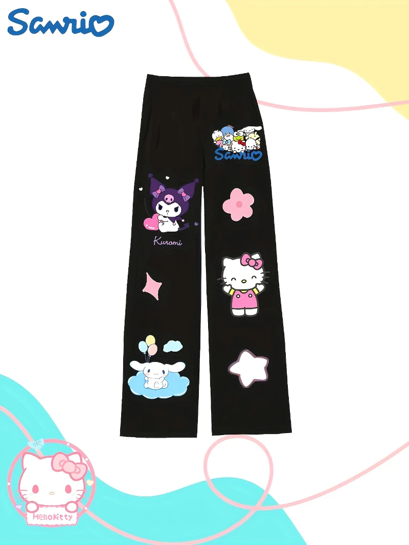 

Hello Kitty & Kuromi Cartoon Print Girls' Straight Leg Pants - Soft Stretch Fabric, Black with Colorful Character Designs
