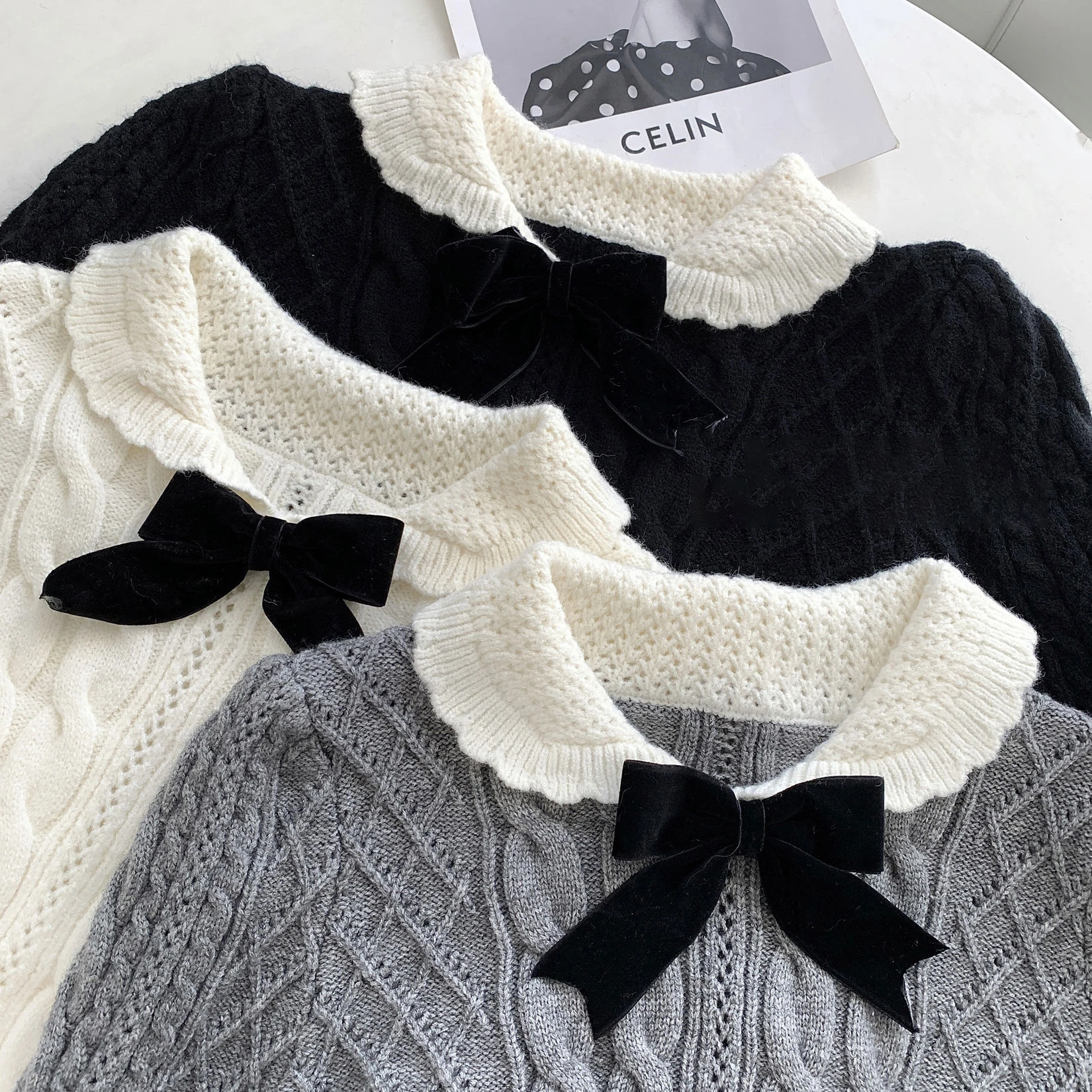 Solid Knitted Sweater Two-piece Set Women\'s Spring Autumn Bow Design Doll Collar Long Sleeves Top+High Waist Elastic Slim Skirt