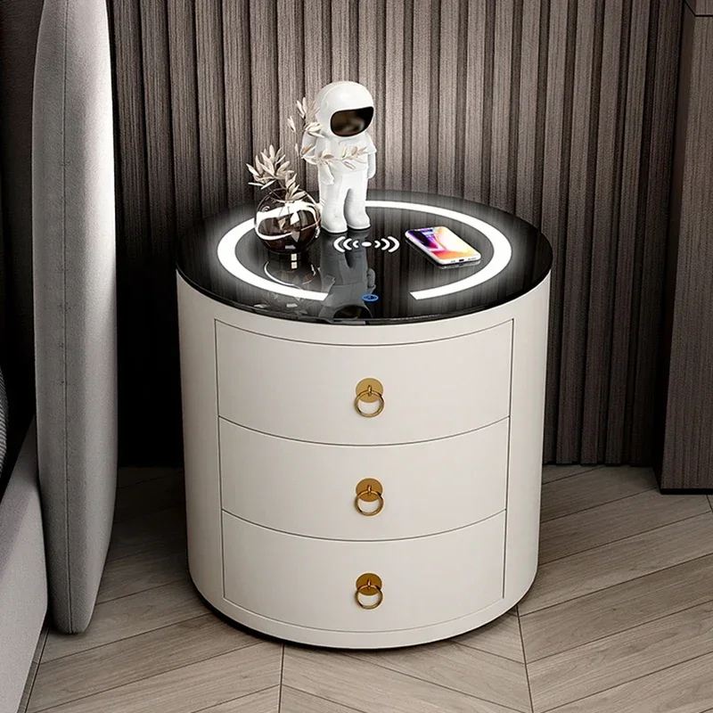 Luxury Round Side Table 3-tier Design File Storage Cabinet Nordic Wireless Charging Nightstands Office Tisch Salon Furniture