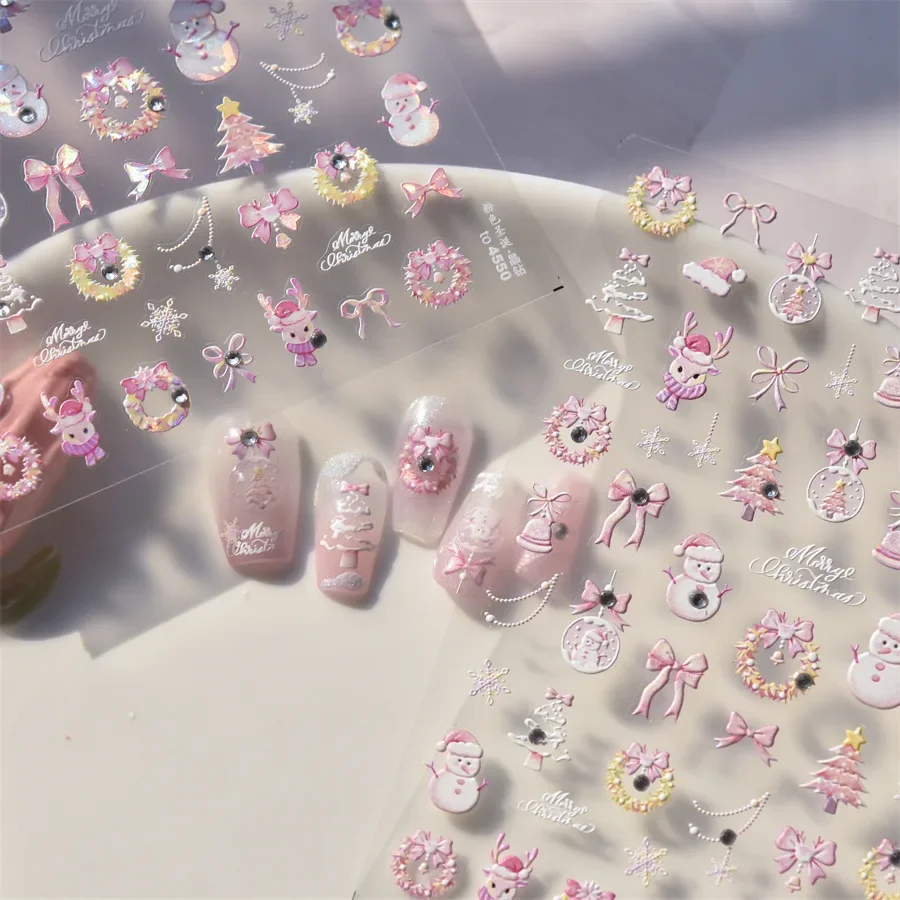 5D Pink Blue Christmas Snowman Deer Tree Crystal Ball Nail Stickers Decor Elegant Manicure Decals T-4549