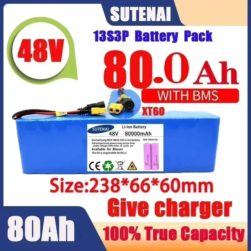 Powerful 48V 120000mAh 1000w 13S3P XT60 120Ah Li-ion Battery for 54.6V Scooter Electric Bike with BMS Charger