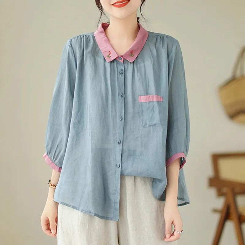 Women Summer Casual Shirt New Arrival 2024 Vintage Style Solid Color Basics Loose Thin Female Cotton Tops Shirts B3617